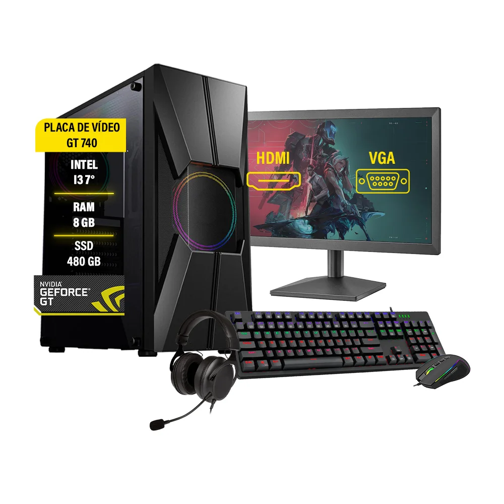 Pc Gamer Completo, I3 7°Geração Gt 740 8Gb, SSD 480Gb, windows 11 + Monitor 19 Polegadas