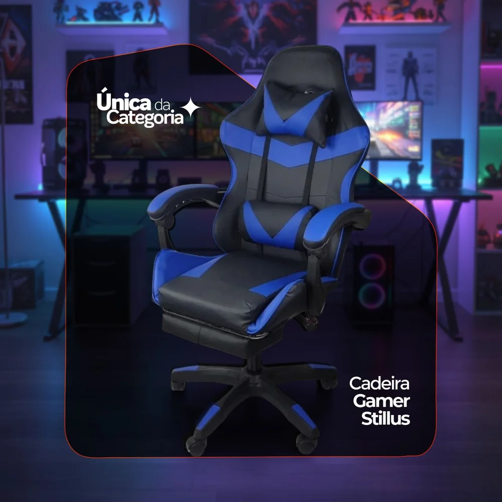 Cadeira Gamer Webshop Stillus, Até 120KG, Ergonômica, Apoio Para os Pés, Azul Cadeira Gamer Webshop Stillus, Até 120KG, Ergonômica, Apoio Para os Pés, Azul