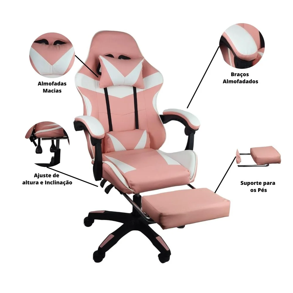 Imagem 2 de 5 do produto Cadeira Gamer Stillus Ergonômica, Retrátil, Reclinável, Descanso Para Pernas, Rosa Chiclete