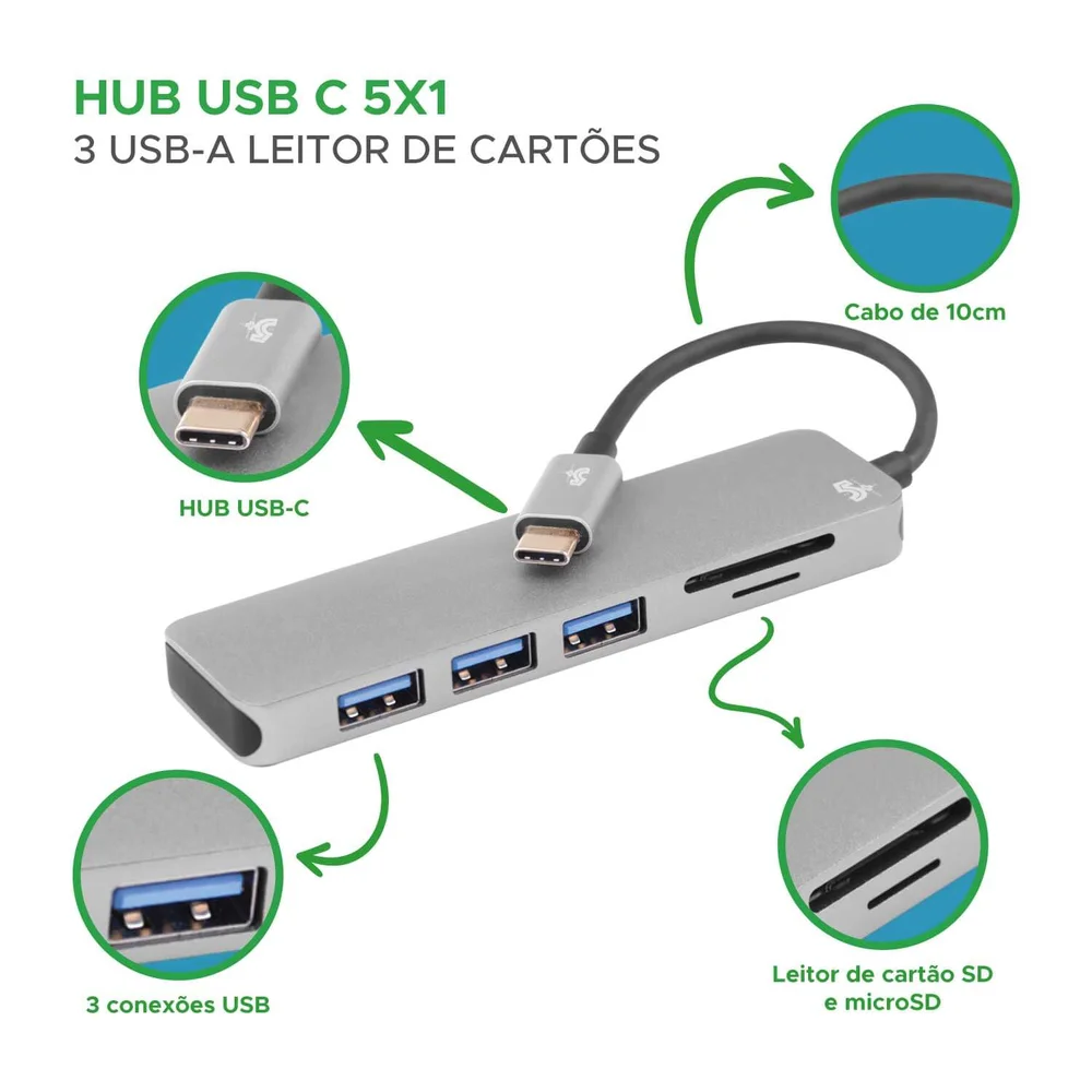 Imagem 3 de 5 do produto Hub USB 5+ USB-c 3.0 3x1 E Leitor De Cartões Sd/micro SD - 018-7452