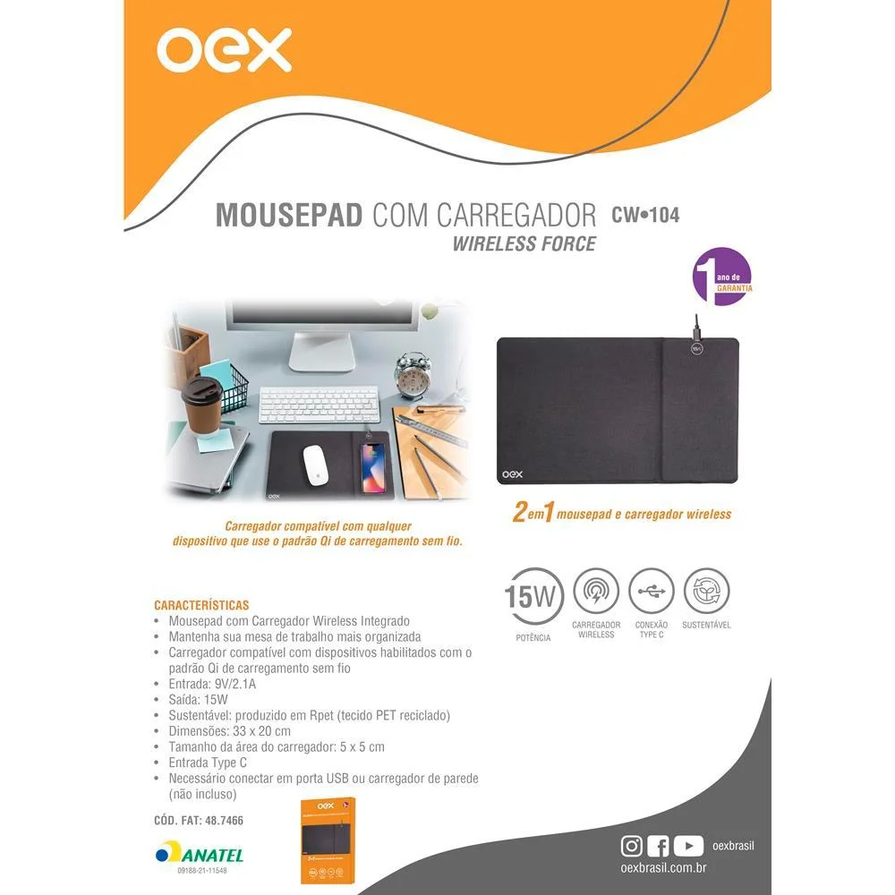 Imagem 2 de 5 do produto Mousepad Oex, Com Carregador, Wireless, 15w, Preto - Cw104