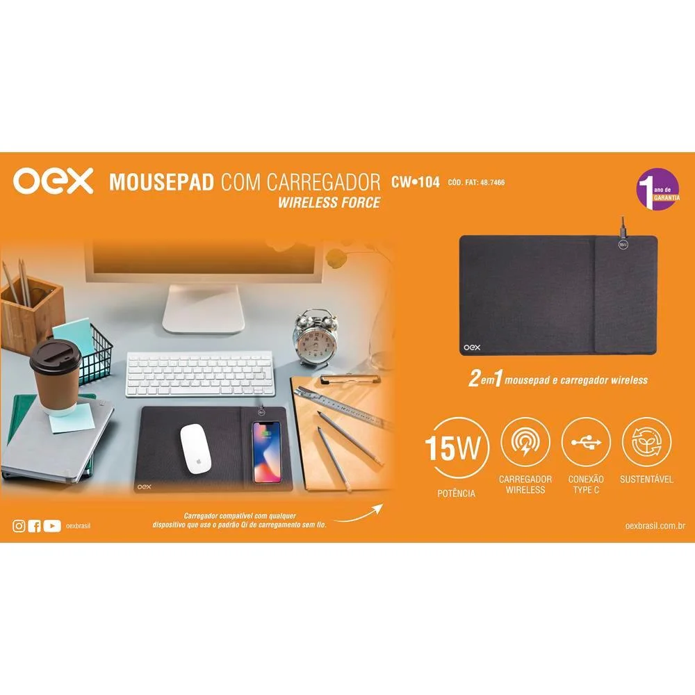 Imagem 4 de 5 do produto Mousepad Oex, Com Carregador, Wireless, 15w, Preto - Cw104