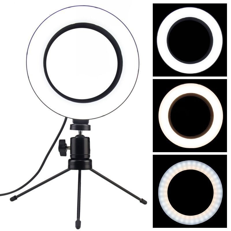 Ring Light De Mesa Iluminador De LED Tripé, 6 Polegadas, 16cm, Branco-quente, 110v/220v - Preto