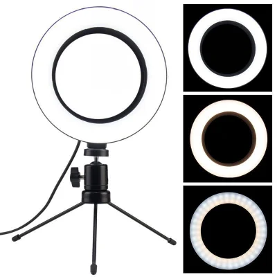 Ring Light De Mesa Iluminador De LED Tripé, 6 Polegadas, 16cm, Branco-quente, 110v/220v - Preto