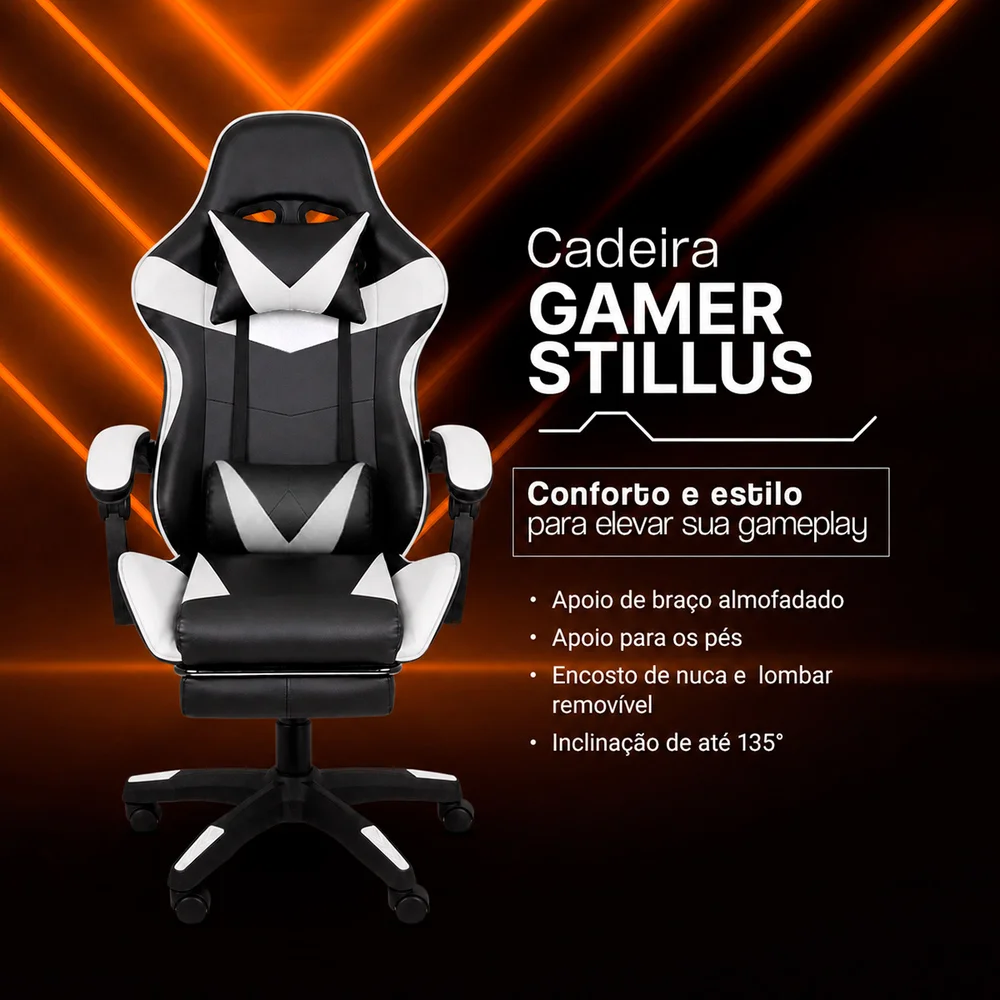 Imagem 5 de 5 do produto Cadeira Gamer Oficial Webshop Stillus, Até 120 KG, Ergonômica, Apoio Para Os Pés, Preta e Branca