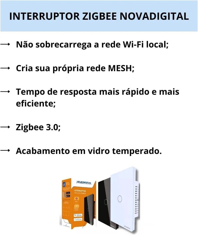 Interruptor Inteligente Touch, 2 Botões, ZiGBee App, Alexa, Googlehome, Novadigital