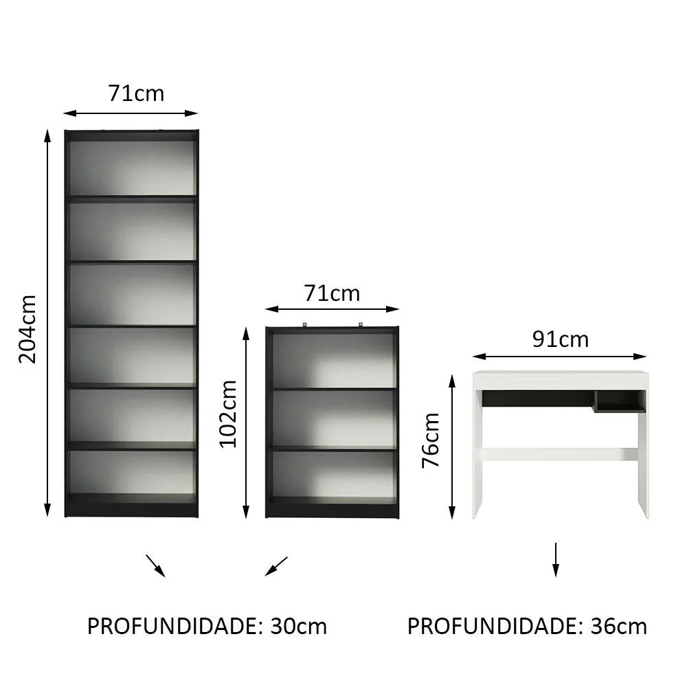 Imagem 4 de 5 do produto Escrivaninha Madesa Rubi + Estante 6908 + Estante 6907,Preto,branco