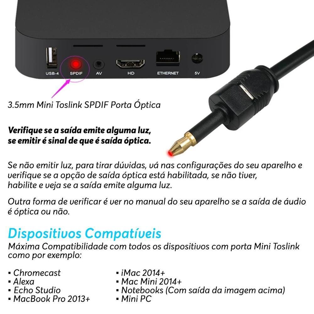 Imagem 5 de 5 do produto Cabo Óptico De Áudio Digital Mini Toslink,3,5mm, Spdif 2m, 2 Metros,preto