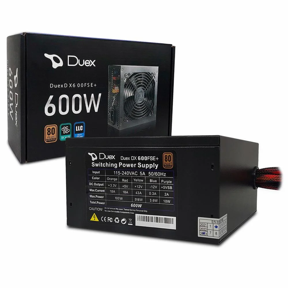 Imagem 4 de 5 do produto Fonte Duex Dx 600wfse+ 600w, ATX, Bivolt Automático, 80 Plus Bronze, PFC Ativo, Preto