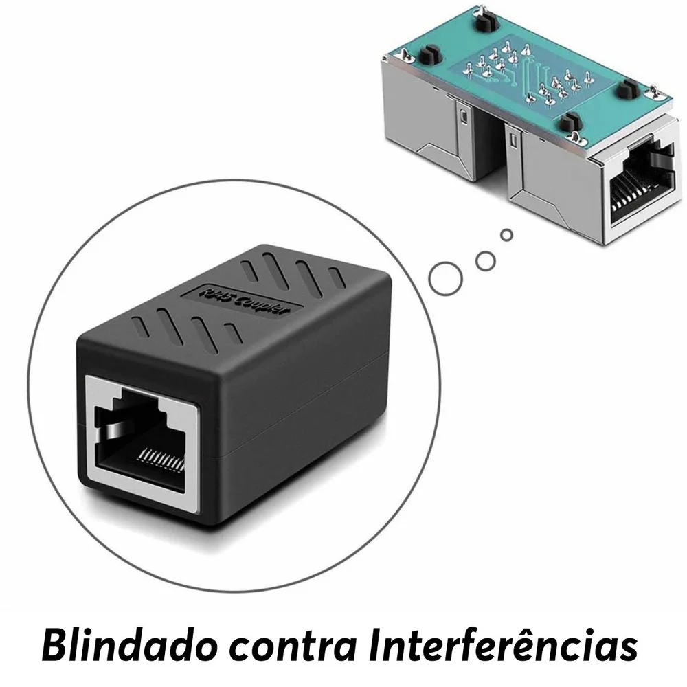 Imagem 3 de 5 do produto Adaptador Emenda Rj45 Extensor Cat5, Cat6, Cat7, Rede Ethernet Conector Blindado,preto