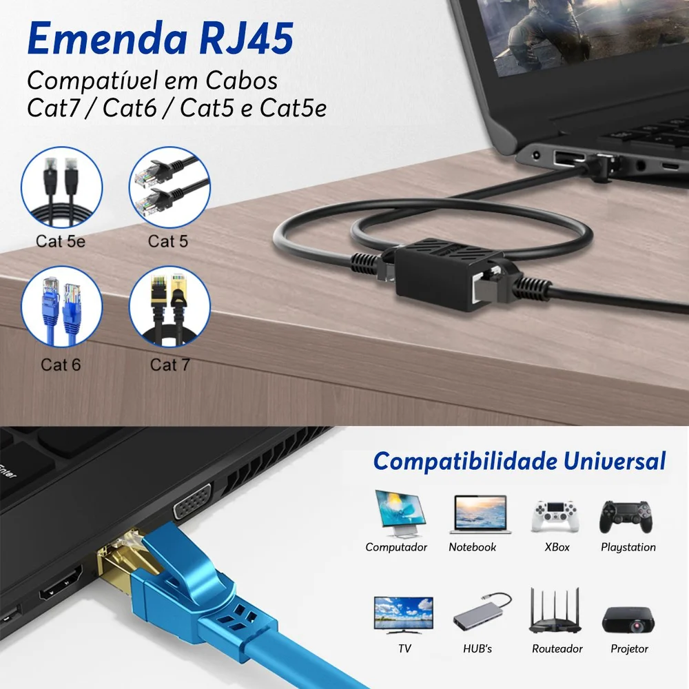 Imagem 5 de 5 do produto Adaptador Emenda Rj45 Extensor Cat5, Cat6, Cat7, Rede Ethernet Conector Blindado,preto