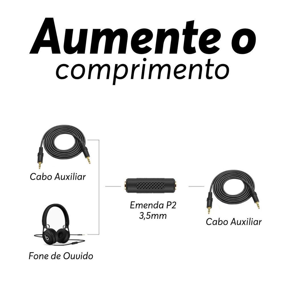 Imagem 2 de 5 do produto Adaptador Emenda P2 3,5mm Fêmea Alongar, Cabo Prolongador Junção, Fone De Ouvido Cabo Auxiliar,preto