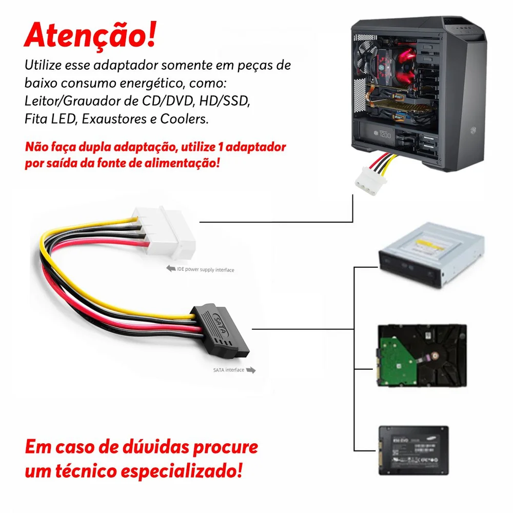 Imagem 3 de 5 do produto Cabo Adaptador Energia/Alimentação Molex Macho, Para SATA Fêmea, 15 Pin