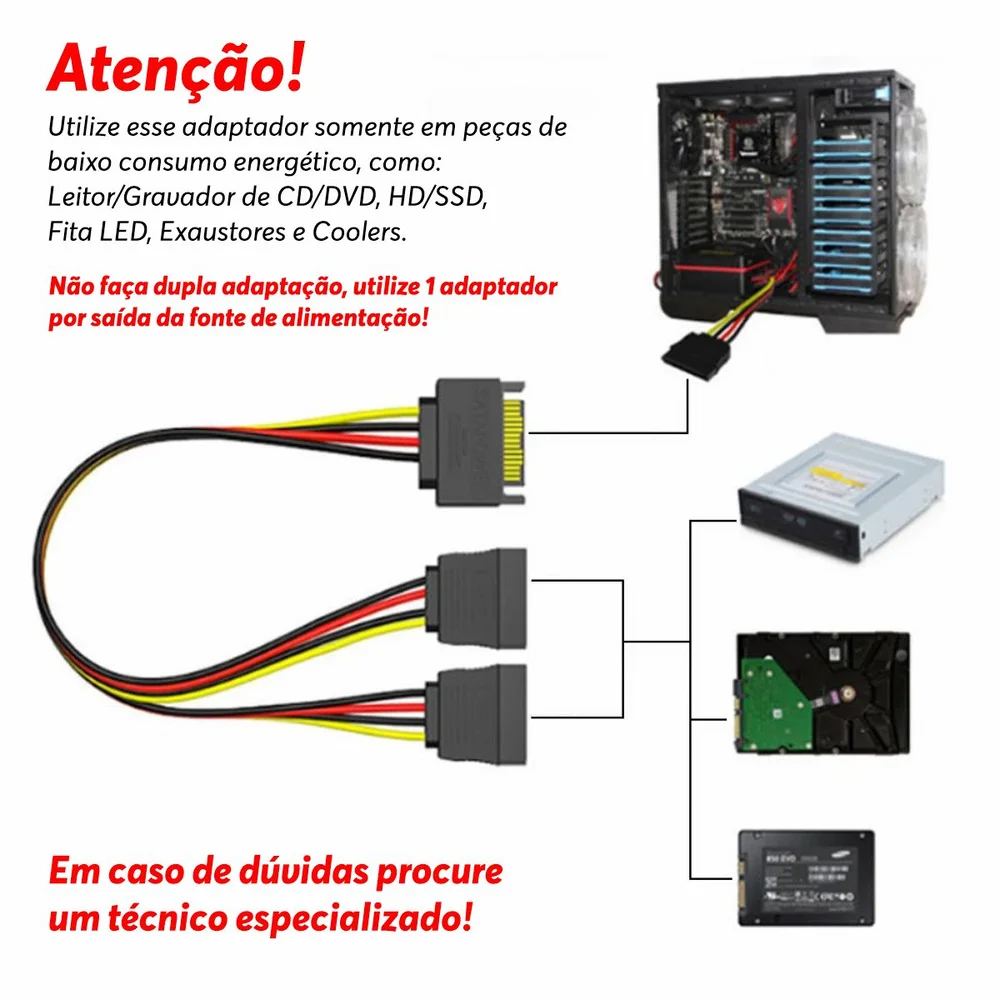 Imagem 3 de 5 do produto Cabo Adaptador Energia/Alimentação SATA, Para Dual SATA, 15 Pinos, Divisor Y