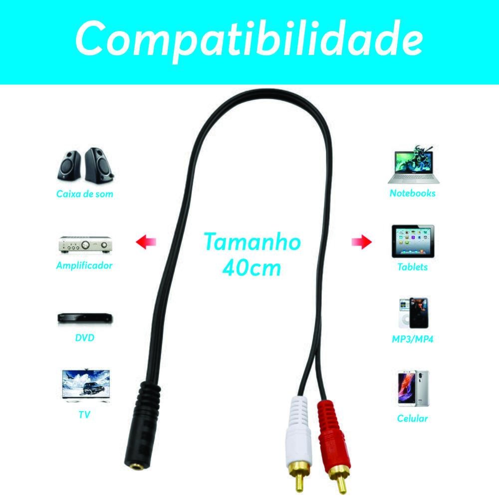 Imagem 5 de 5 do produto Cabo Fio P2 Fêmea 3,5mm Para Rca Áudio Som Estéreo 40cm,preto