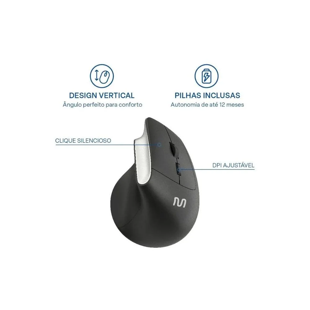 Imagem 5 de 5 do produto Mouse Sem Fio Vertical Clique Silencioso, 1600dpi, Preto, Multi - MO384