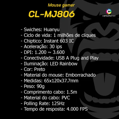 Mouse Gamer Clanm LED Rainbow, 3600dpi Jungle - Cl-mj806