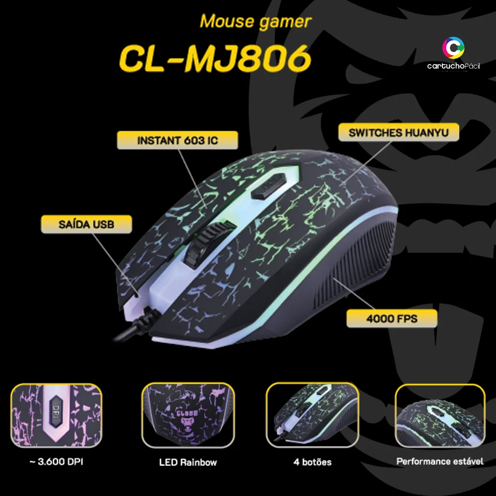 Mouse Gamer Clanm LED Rainbow, 3600dpi Jungle - Cl-mj806 Mouse Gamer Clanm LED Rainbow, 3600dpi Jungle - Cl-mj806