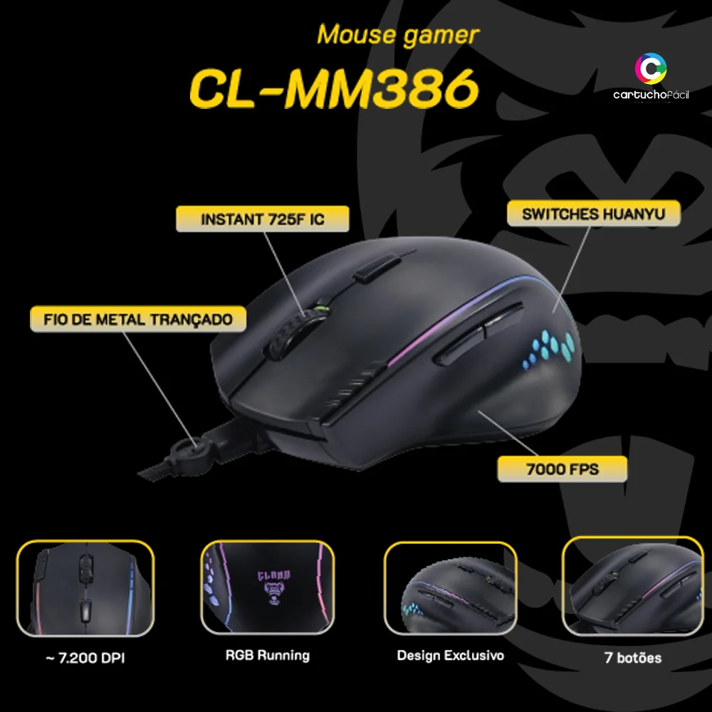 Imagem 4 de 5 do produto Mouse Gamer Clanm Ergonômico Mount, 7200dpi - Cl-mm386