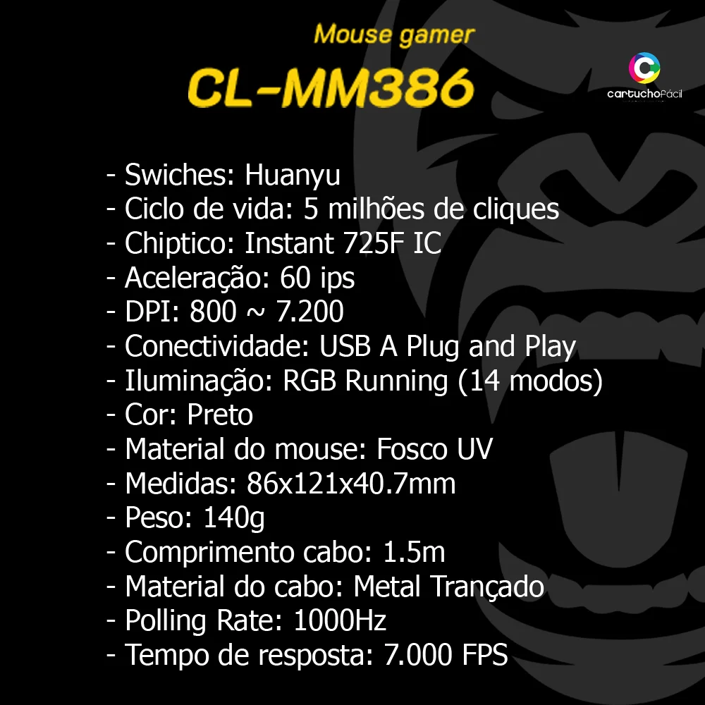 Imagem 5 de 5 do produto Mouse Gamer Clanm Ergonômico Mount, 7200dpi - Cl-mm386