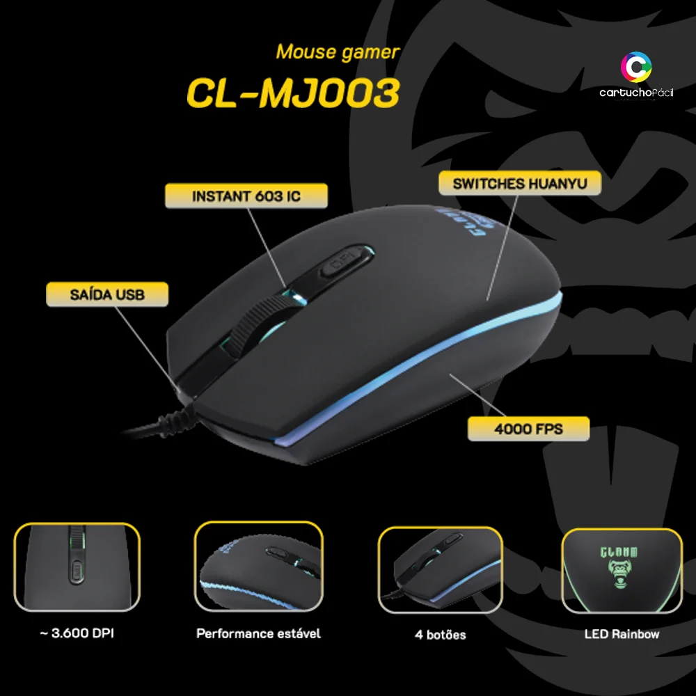 Mouse Clanm Confortável LED Rainbow, 3600dpi Jungle - Cl-mj003
