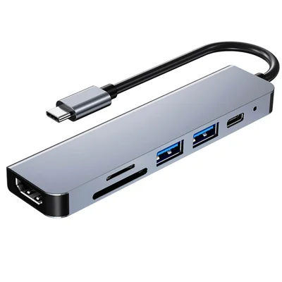 Adaptador HUB Hars 6 Em 1, Tipo C/HDMI/USB/SD/TF - 4K