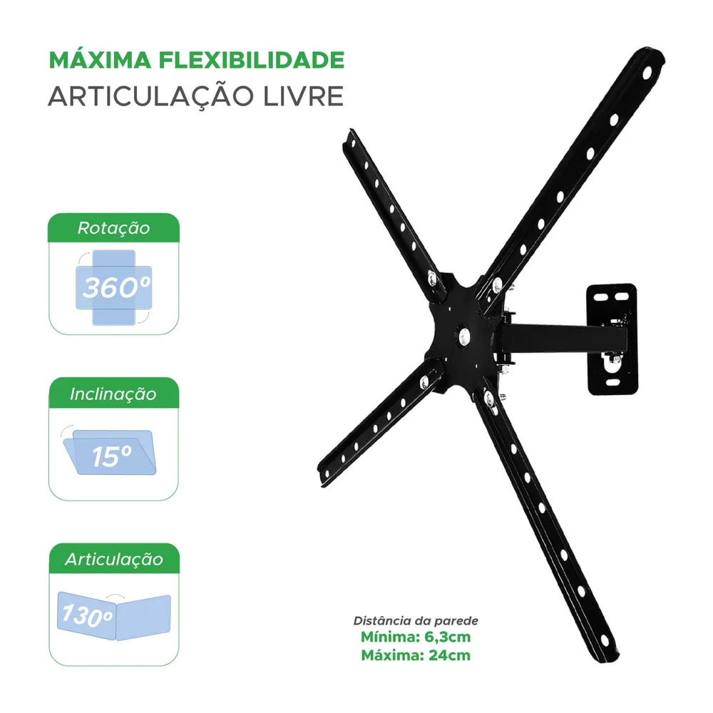 Imagem 2 de 5 do produto Suporte Tv Biarticulado Lcd/led 10 Polegadas a 60 Polegadas,Montado - Preto