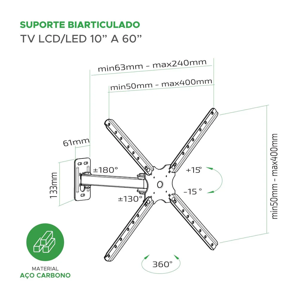 Imagem 5 de 5 do produto Suporte Tv Biarticulado Lcd/led 10 Polegadas a 60 Polegadas,Montado - Preto