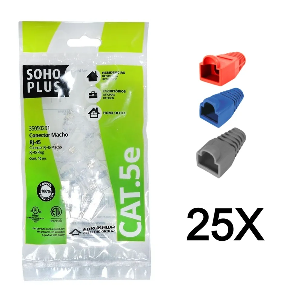 Imagem 1 de 4 do produto 25 Conector RJ45 Sohoplus CAT5e +25 Capa Boot Snap Proteção Cor:vermelho
