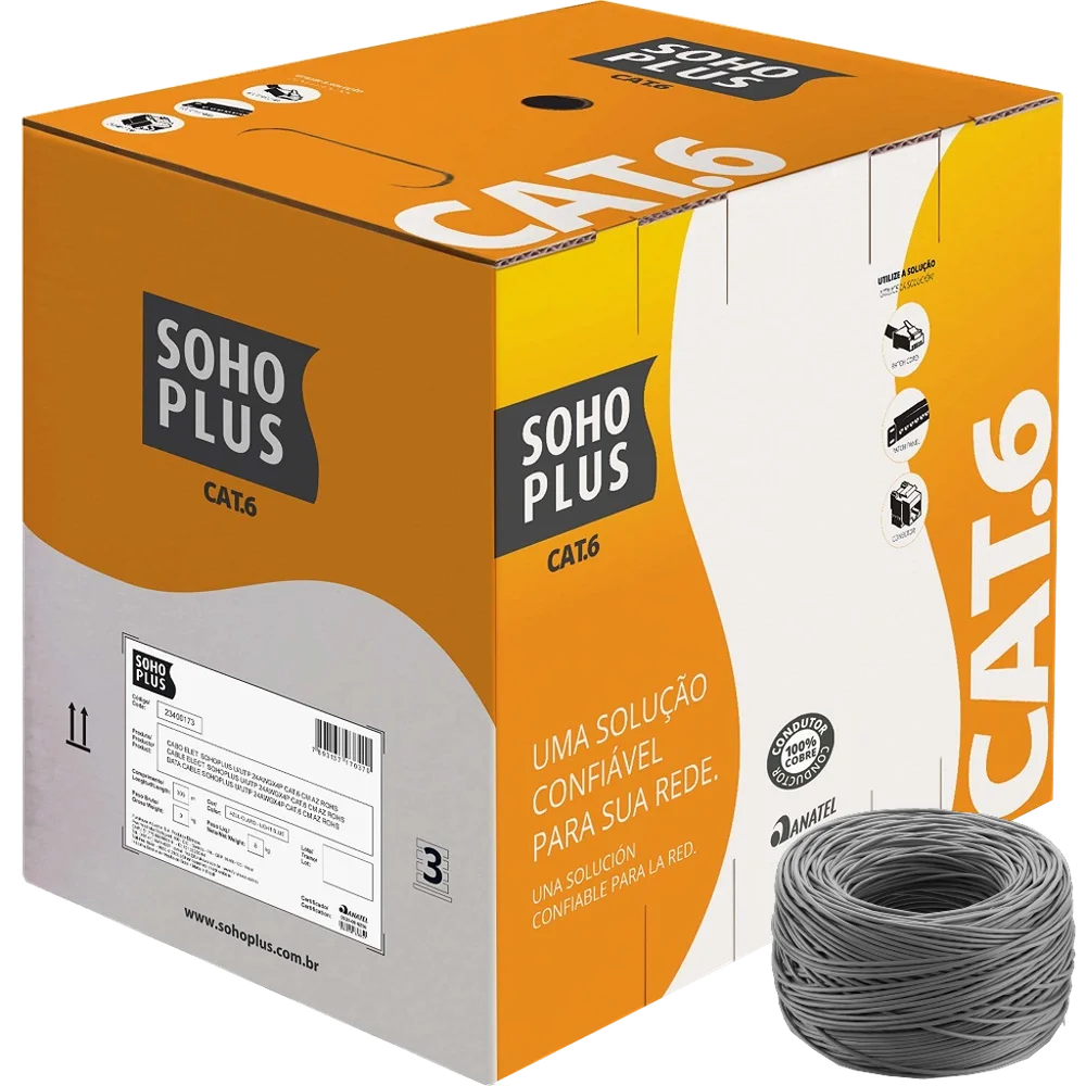 Imagem 2 de 5 do produto 25 Metros De Cabo Rede CAT6 Sohoplus Furukawa, 100% Cobre, Cinza