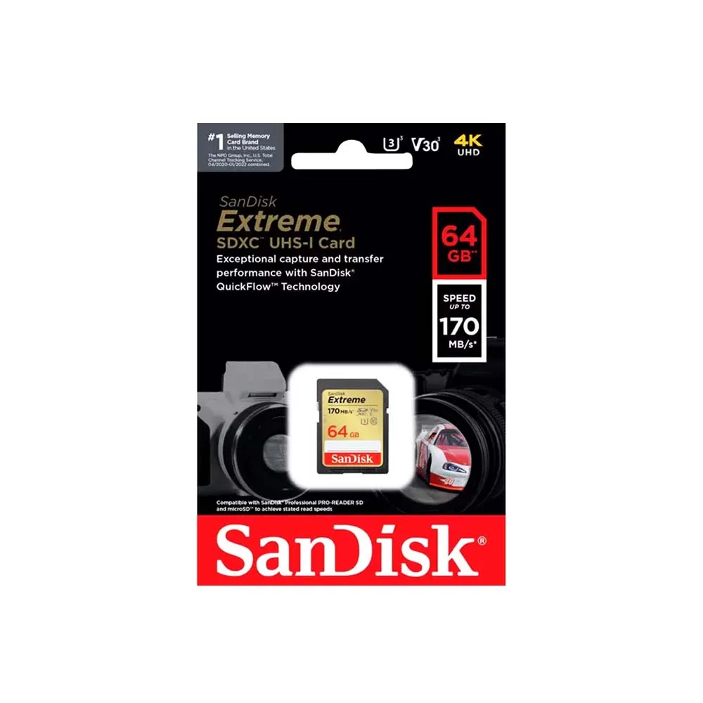 Cartão Sdxc 64GB, Sandisk Extreme 4k 170mb/s Uhs-i,V30, U3,Classe 10