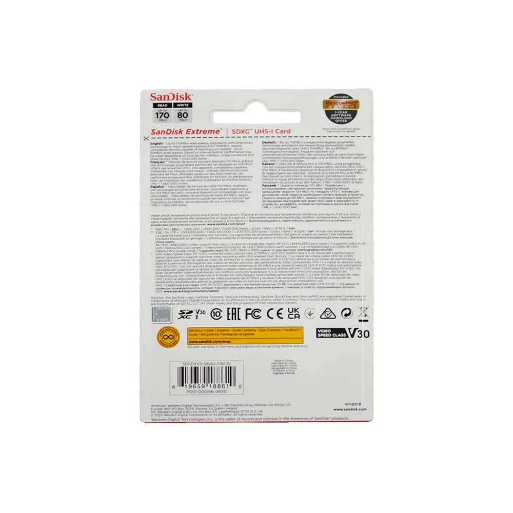 Cartão Sdxc 64GB, Sandisk Extreme 4k 170mb/s Uhs-i,V30, U3,Classe 10