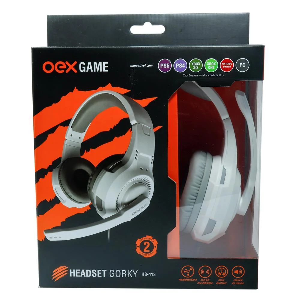 Headset Gamer, Oex Gorky Hs413, 40mm, P2, Mobile, Pc, Branco Headset Gamer, Oex Gorky Hs413, 40mm, P2, Mobile, Pc, Branco