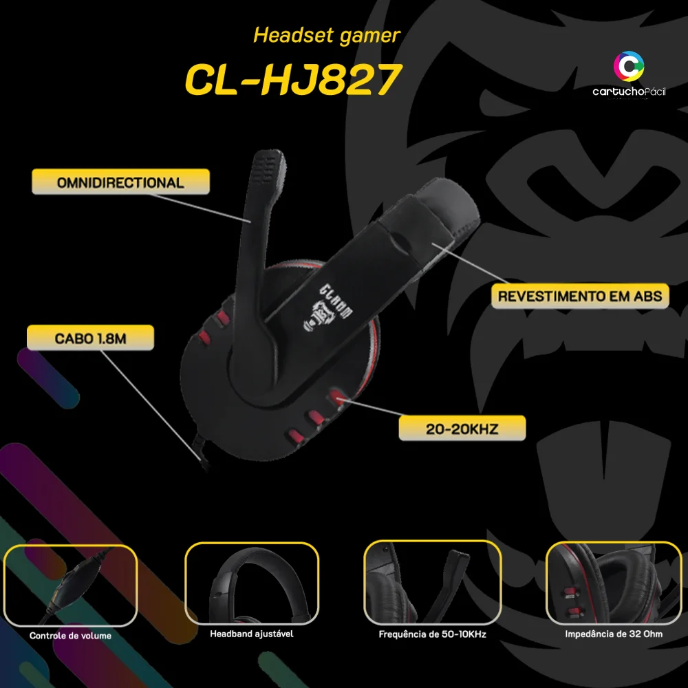 Imagem 3 de 5 do produto Headset Gamer Jungle Cl-hj827, Preto/vermelho 1,8m, Clanm