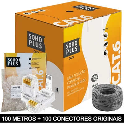 Cabo Furukawa Sohoplus, 100 Metros + 100 Conectores Rj45, Cat6, Cinza