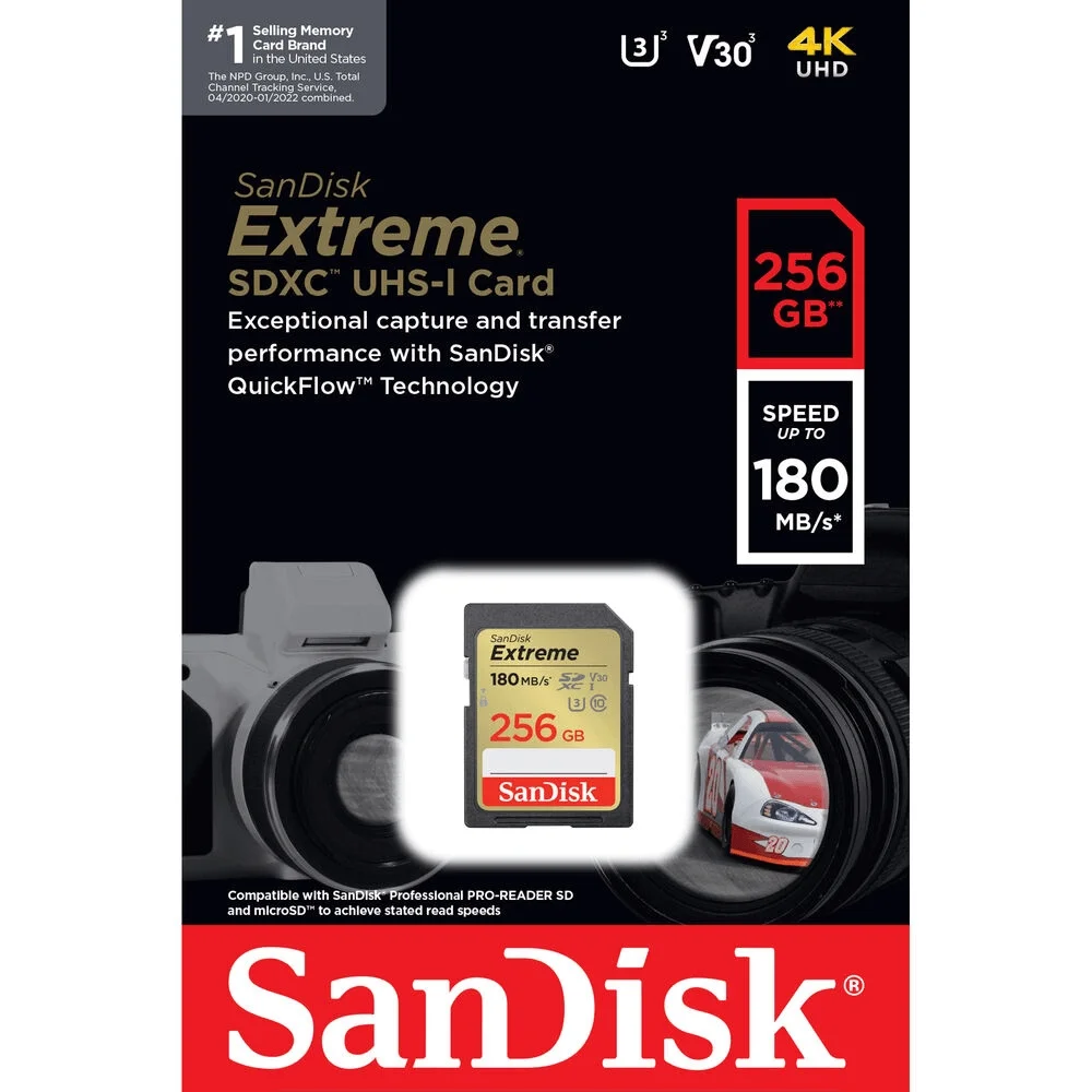 Cartão Sdxc 256GB Sandisk Extreme 4k 180mb/s Uhs-i / V30 / U3 / Classe 10 Cartão Sdxc 256GB Sandisk Extreme 4k 180mb/s Uhs-i / V30 / U3 / Classe 10