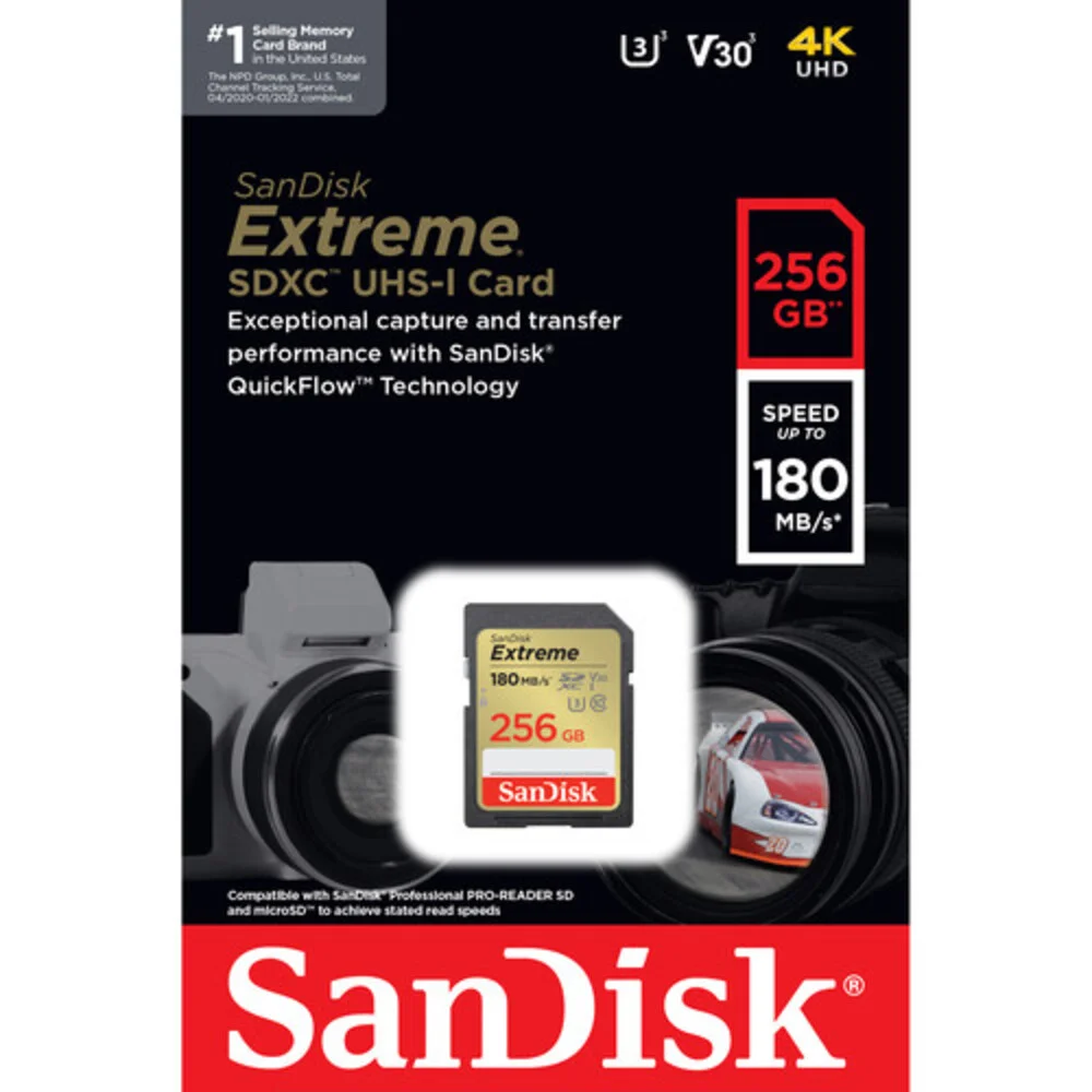 Cartão Sdxc 256GB Sandisk Extreme 4k 180mb/s Uhs-i / V30 / U3 / Classe 10 Cartão Sdxc 256GB Sandisk Extreme 4k 180mb/s Uhs-i / V30 / U3 / Classe 10