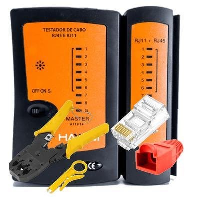 Alicate Crimpar + Testador Cabo + 100 Conector Rj45 Cat6 + Capas - Vermelho