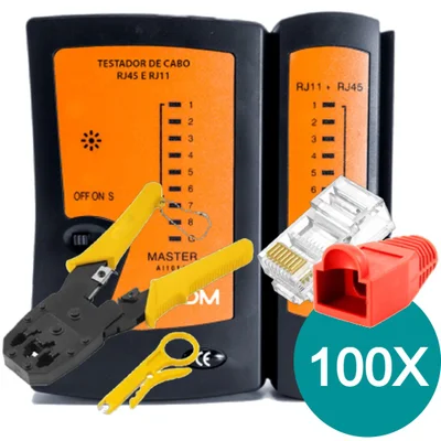 Alicate Crimpar + Testador Cabo + 100 Conector Rj45 Cat5e + Capas - Vermelho