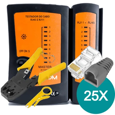 Alicate Crimpar + Testador Cabo + 25 Conector Rj45 Cat5e + Capas - Cinza