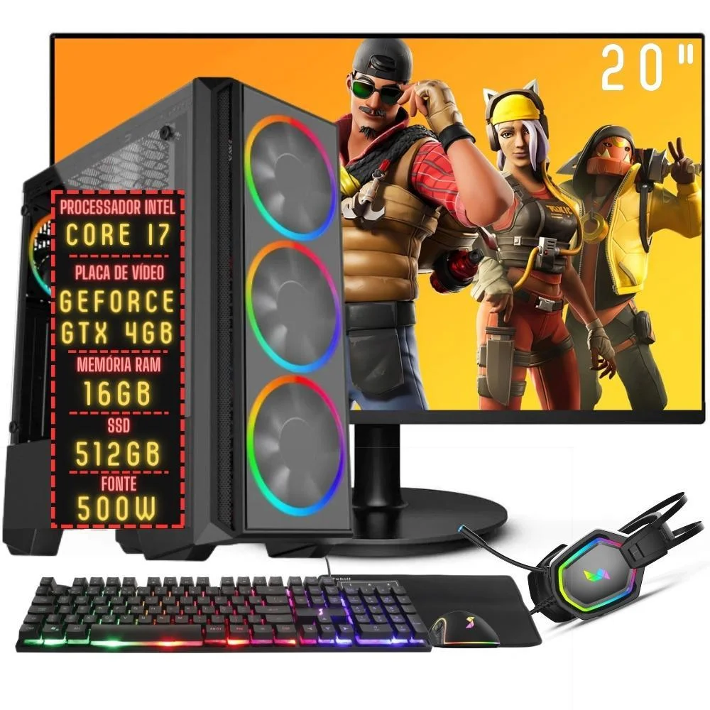Pc Gamer Completo Fps Intel Core I7, 16GB RAM, Placa De Vídeo Geforce GTX 4GB, SSD 512GB, Monitor 20 Polegadas, 75hz, Fonte 500w, 3gf-040