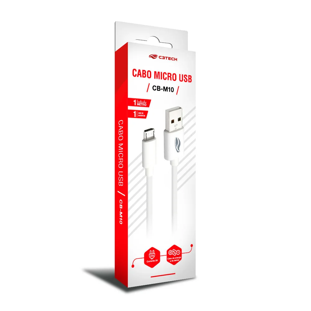 Imagem 2 de 3 do produto Cabo USB-micro USB C3plus Cb-m10wh, 1m, Branco, Compatível Com Android USB-micro, Corrente 2a