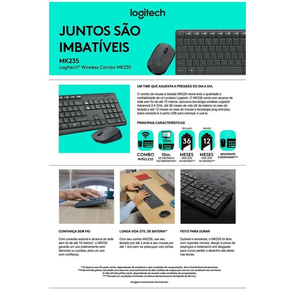 Imagem 3 de 5 do produto Kit Teclado + Mouse Sem Fio Logitech, ABNT2, Tecla Ç - Mk235