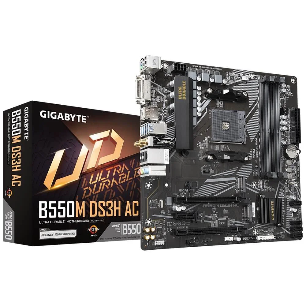 Placa Mãe Gigabyte B550m Ds3h Ac Am4 Ddr4 3200mhz Matx Wi-fi HDMI Dvi-d Usb 3.2 Placa Mãe Gigabyte B550m Ds3h Ac Am4 Ddr4 3200mhz Matx Wi-fi HDMI Dvi-d Usb 3.2