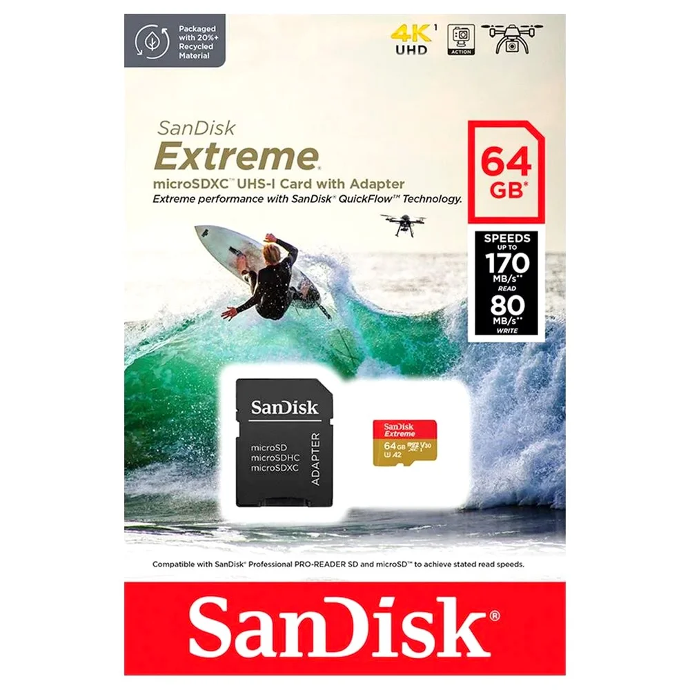Cartão Micro SD Sandisk, 64GB, 2x1, Extreme U3, Leitura até 160MB/s - Sdsqxah-064g-gn6ma