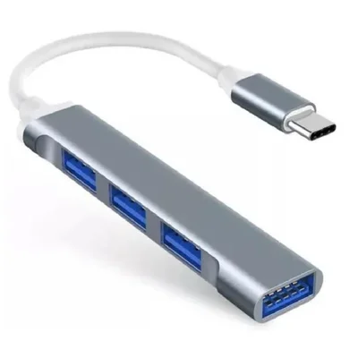 Hub Dex USB-C Type-C, Para 4 Portas USB 3.0, 5 Gbps, Para Notebook, Prata