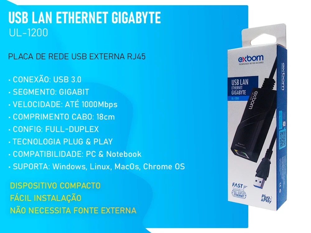 Imagem 2 de 5 do produto Placa De Rede Exbom Ul-1200, Rj45, Externa, USB 3.0, Gigabit 10/100/1000mpbs, Plug And Play