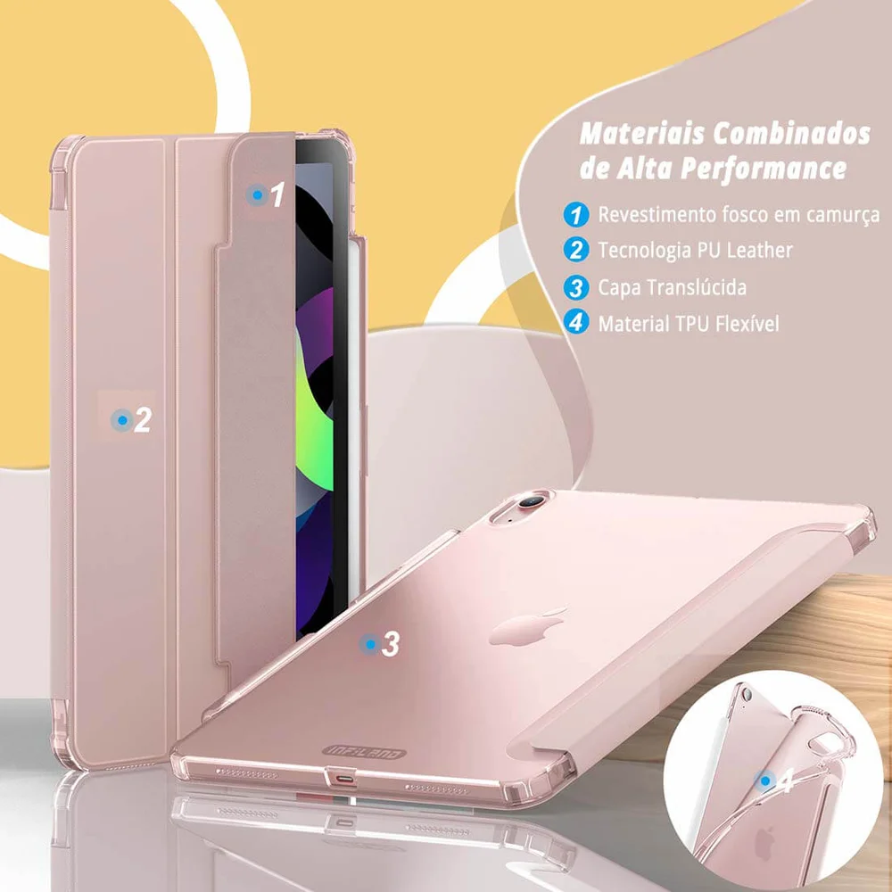 Imagem 5 de 5 do produto Capa Infiland, Anti Impacto, Ipad Air 5, 10.9 Pol, 2022, A2588 A2589 A2591, Função Wake, Sleep, Suporte de Caneta, Rosa
