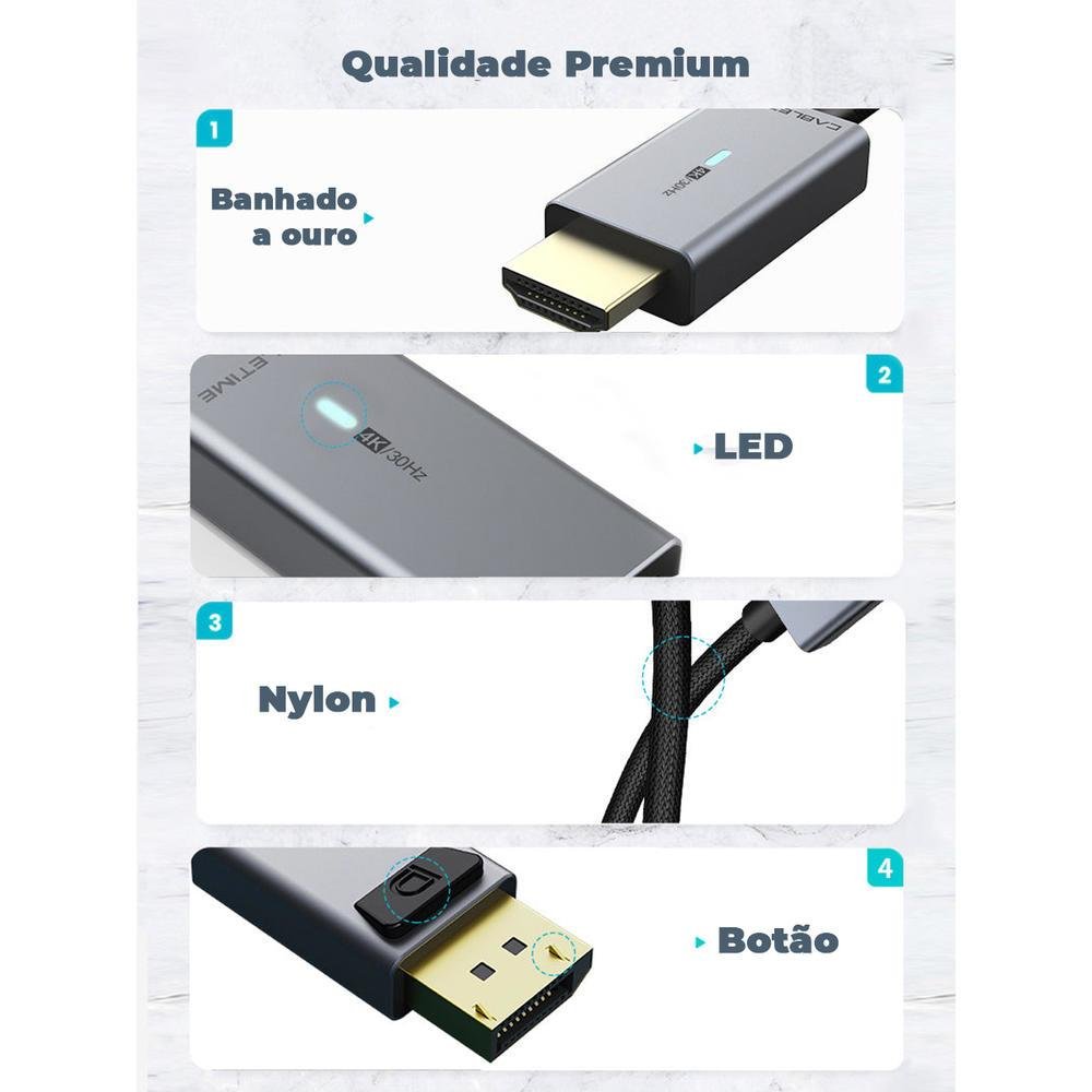 Imagem 5 de 5 do produto Cabo Displayport Para HDMI 4k, 30hz, 1m - Cabletime