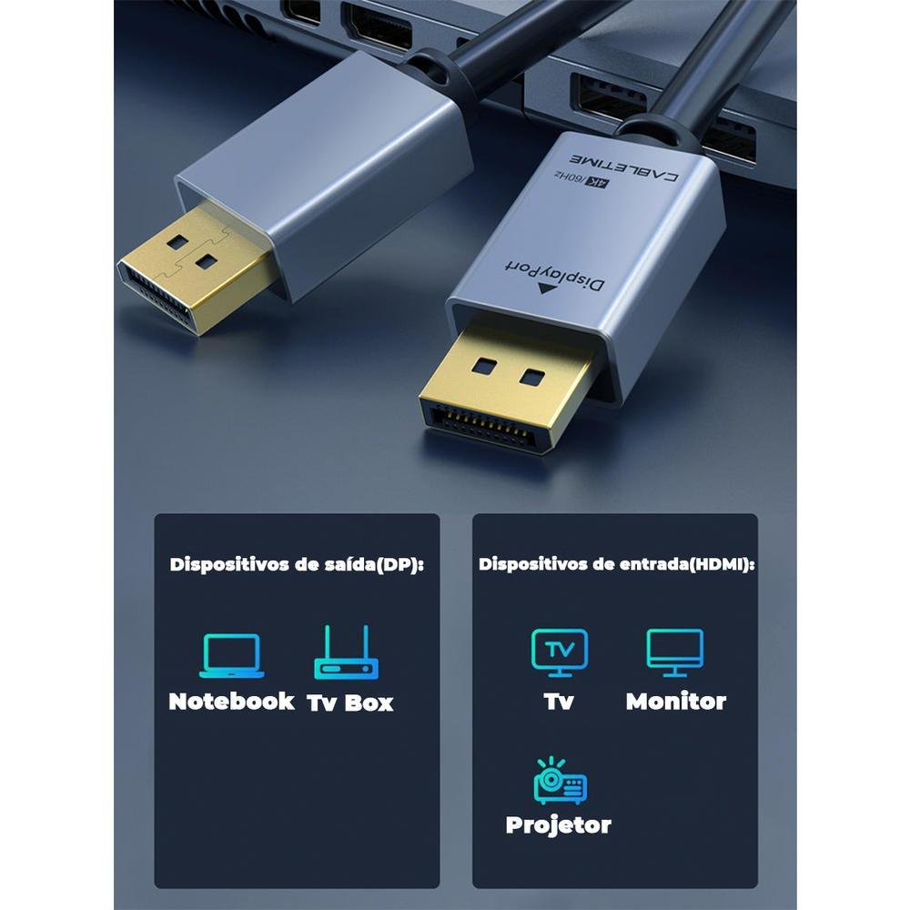 Imagem 3 de 4 do produto Cabo Displayport 1.2 4k, 60hz, 1,8m - Cabletime